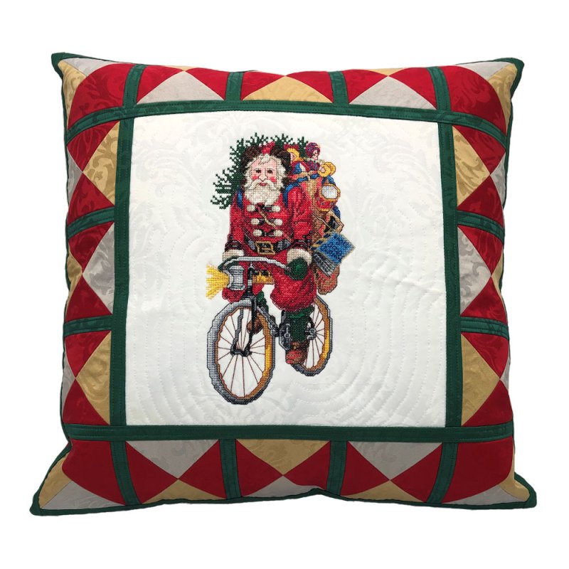 Old World Bicycle Santa Embroidered Quilt Top Pillow