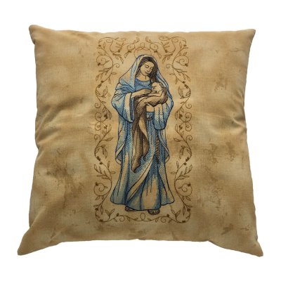Mary and Baby Jesus in Botanical Frame Embroidered Pillow