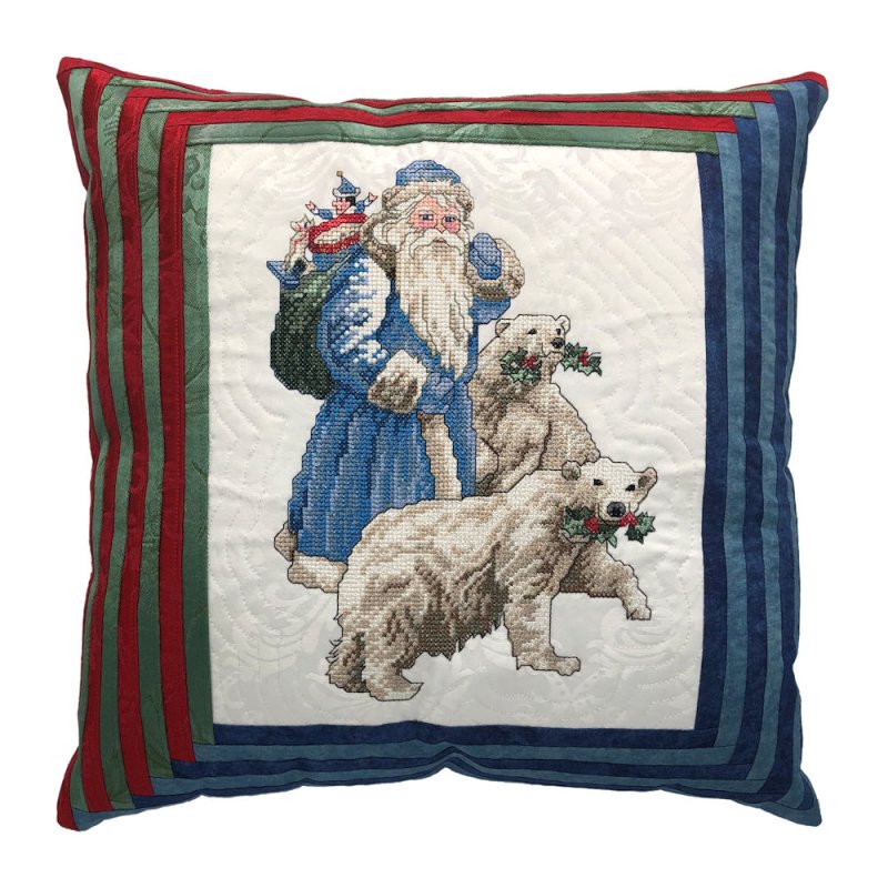 Santa with Polar Bears Embroidered Cross Stitch Quilt Top Pillow