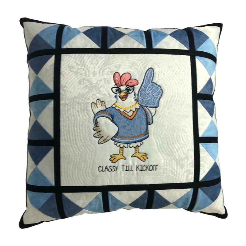 Classy Till Kickoff Chicken in Blue Embroidered Quilt Top Pillow