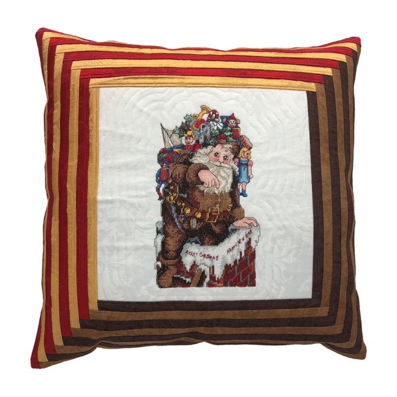 Jingle Bell Santa Embroidered Cross Stitch Quilt Top Pillow