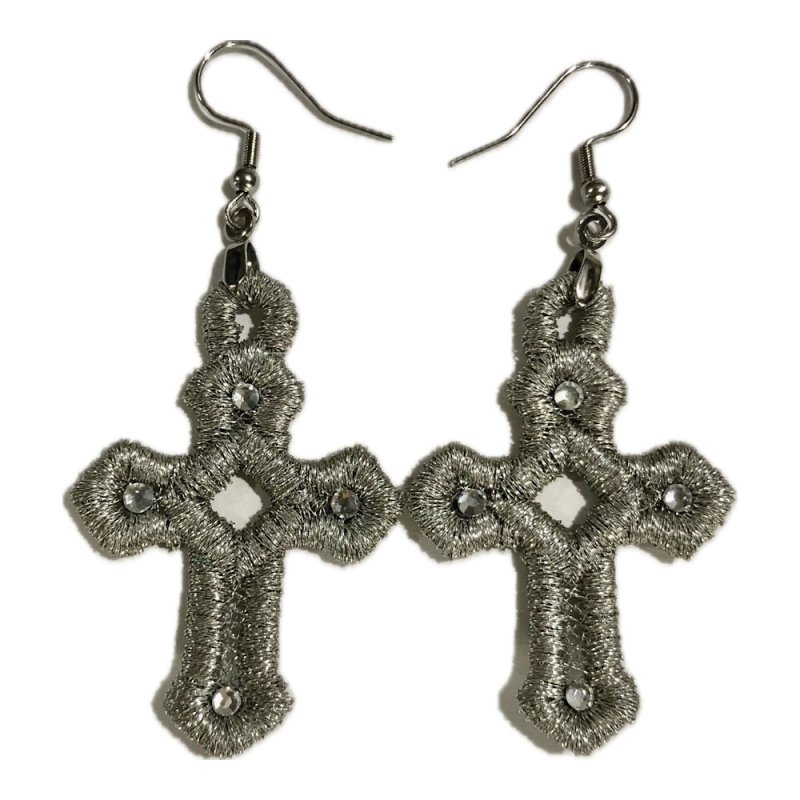 Silver Chrome Metallic Blessed Cross Earrings