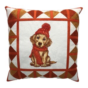 Sweet Cozy Puppy in Orange Embroidered Quilt Top Throw Pillow