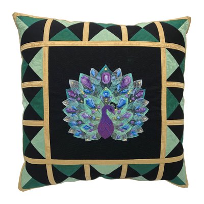 Bejeweled Peacock Embroidered Quilt Top Throw Pillow