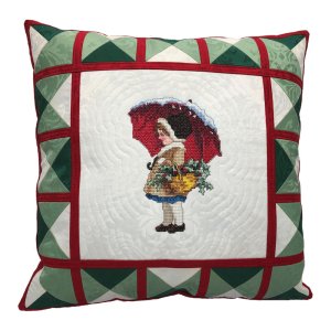 Victorian Girl with Umbrella Embroidered Quilt Top Pillow