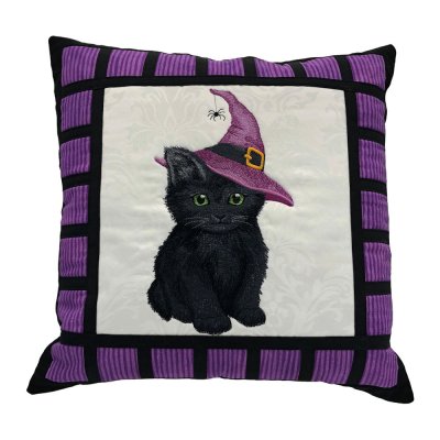 Sweet Witchy Kitty Embroidered Quilt Top Pillow