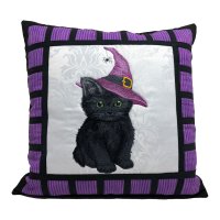 Sweet Witchy Kitty Embroidered Pillow